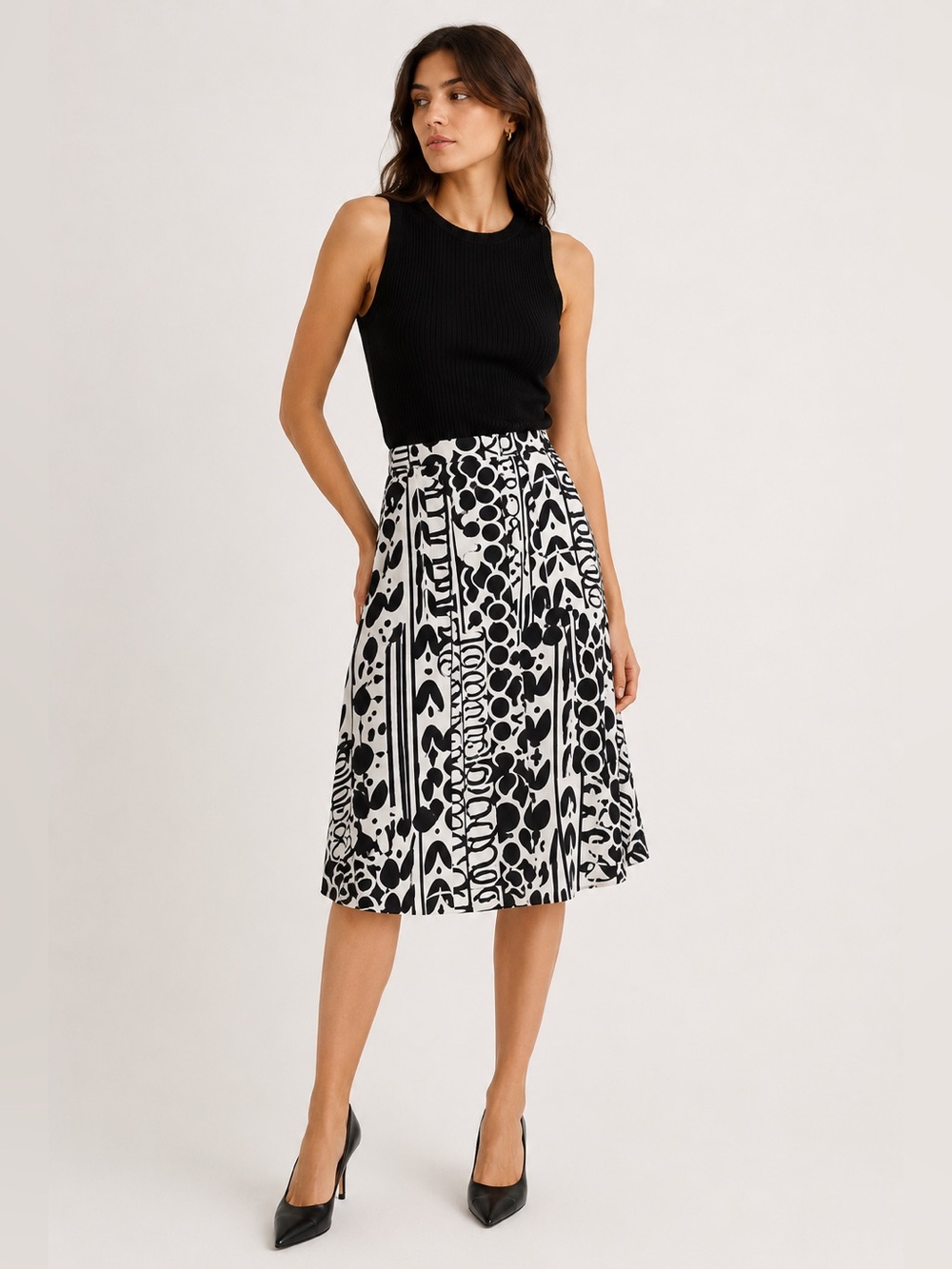 Valerie Stevens 100% Silk Skirt | 90s Graphic Abstract A-Line Midi Black White